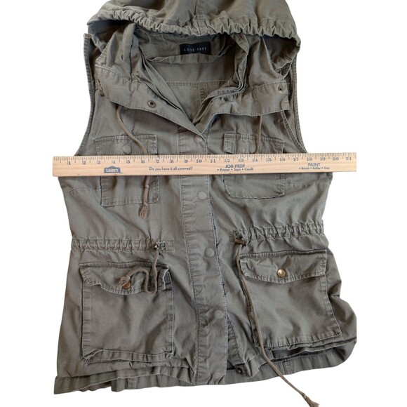 LOVE TREE Women's Utility Hooded Vest XL Army Green Drawstring Pockets Zip Up - Picture 4 of 9